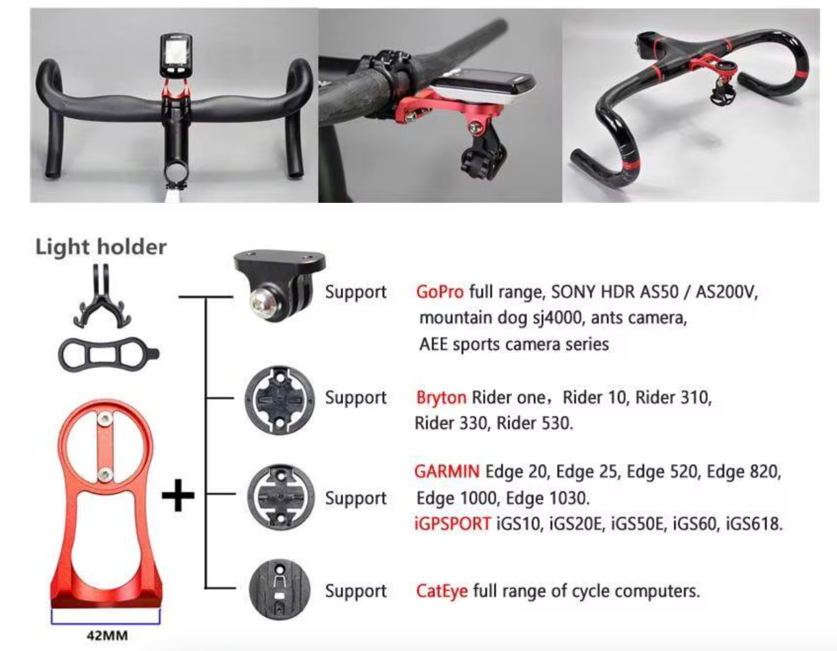 Garmin Edge, GoPro & GPS Aluminum Bike Computer Mount with Headlight Clamp – Handlebar Extension Bracket