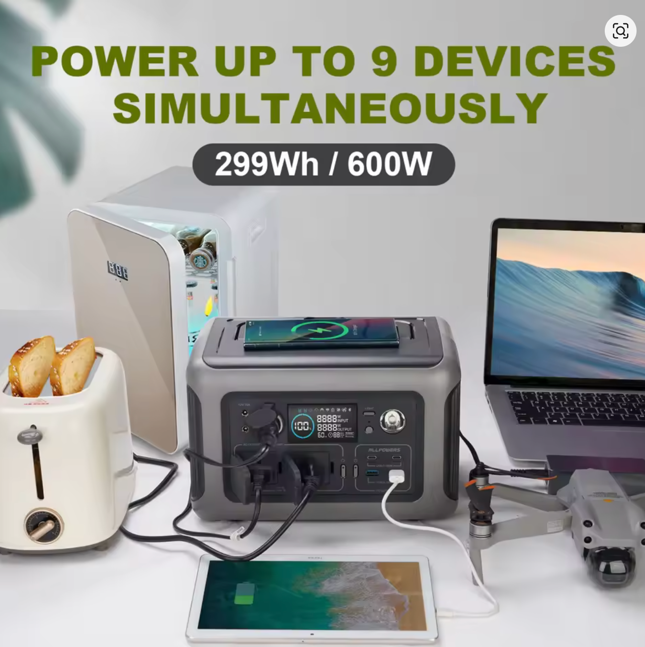 Eco ALLPOWERS R600 Portable Power Station – 299Wh Solar Generator, 600W AC Output, LiFePO4 Battery, Fast Charging & UPS Backup