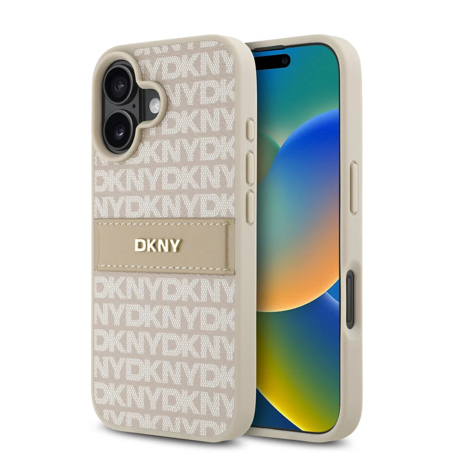 DKNY iPhone 16 Back cover case PU Leather Repeat Pattern Tonal Stripe Gray