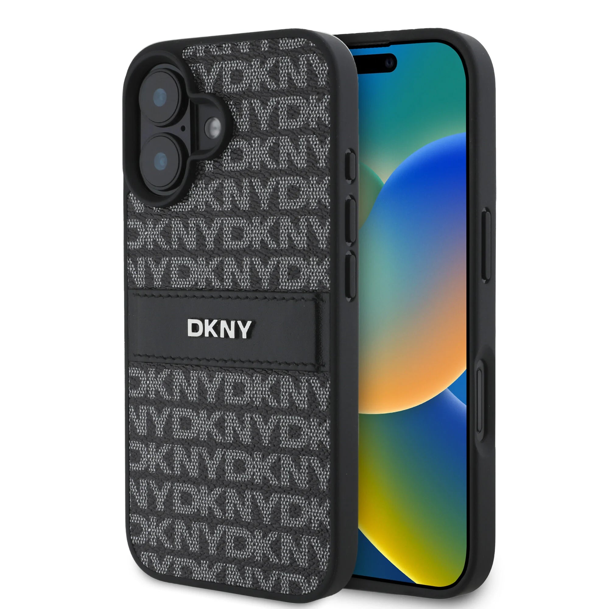 DKNY iPhone 16 Back cover case PU Leather Repeat Pattern Tonal Stripe Gray